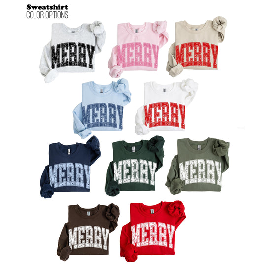 Merry Varsity Letters Christmas Sweatshirt | Trendy Christmas Pullover | Retro Holiday Crewneck | Cozy Sweatshirt | Cute Christmas Outfit