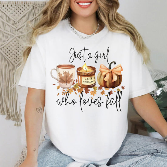 Just a Girl Who Loves Fall Shirt, Cozy Autumn Graphic Tee, Fall Vibes Pumpkin Leaves T-Shirt, DTG Printed Autumn Shirt, Cute Fall Outfit
