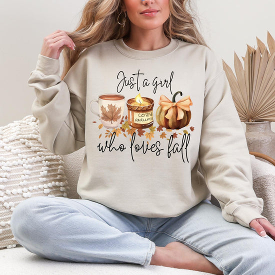 Just a Girl Who Loves Fall Shirt, Cozy Autumn Graphic Tee, Fall Vibes Pumpkin Leaves T-Shirt, DTG Printed Autumn Shirt, Cute Fall Outfit