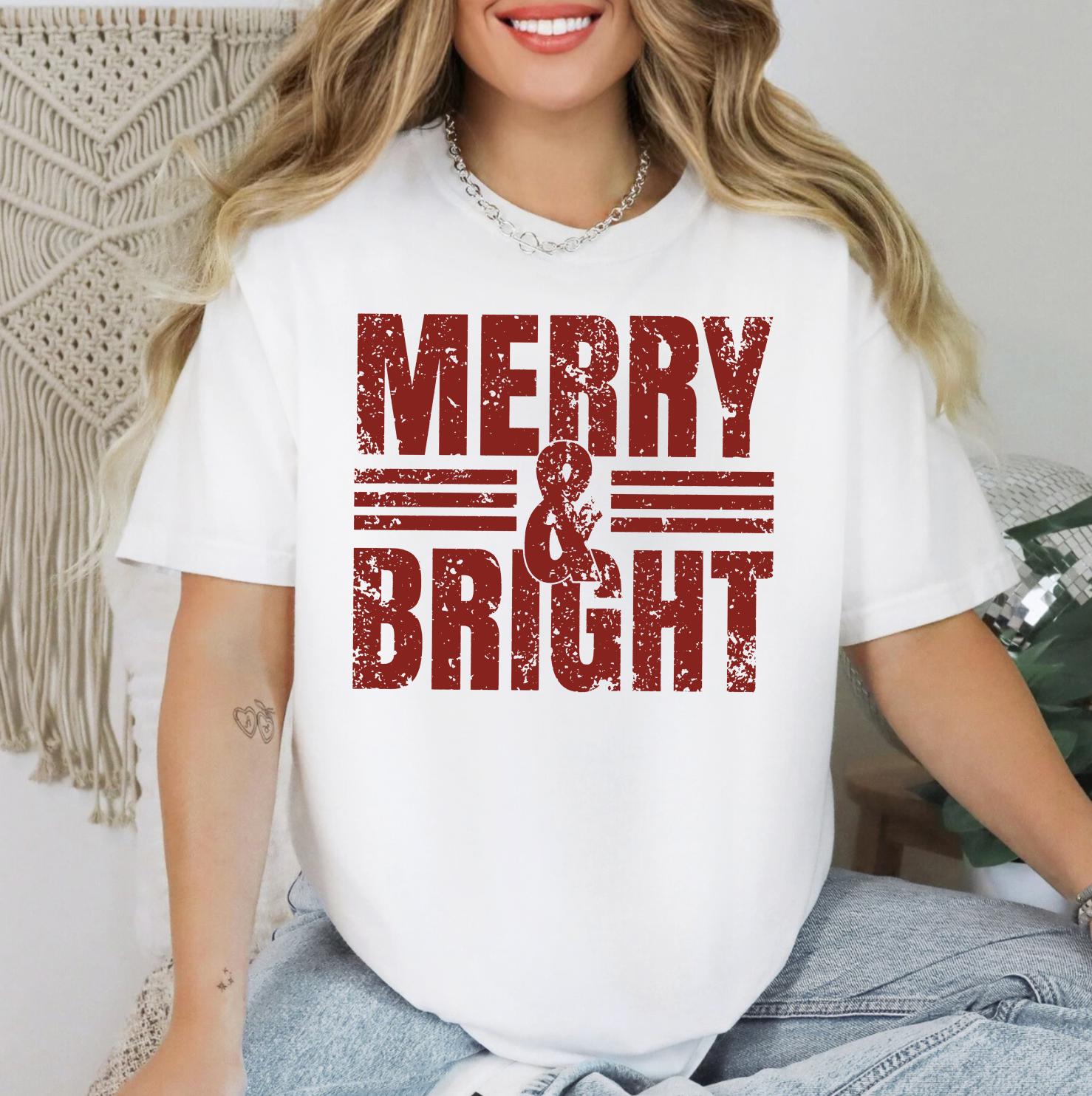 Merry and Bright DTG Printed Pink Santa Sweatshirt or T-Shirt | Cute Holiday Graphic Tee | Christmas Shirt