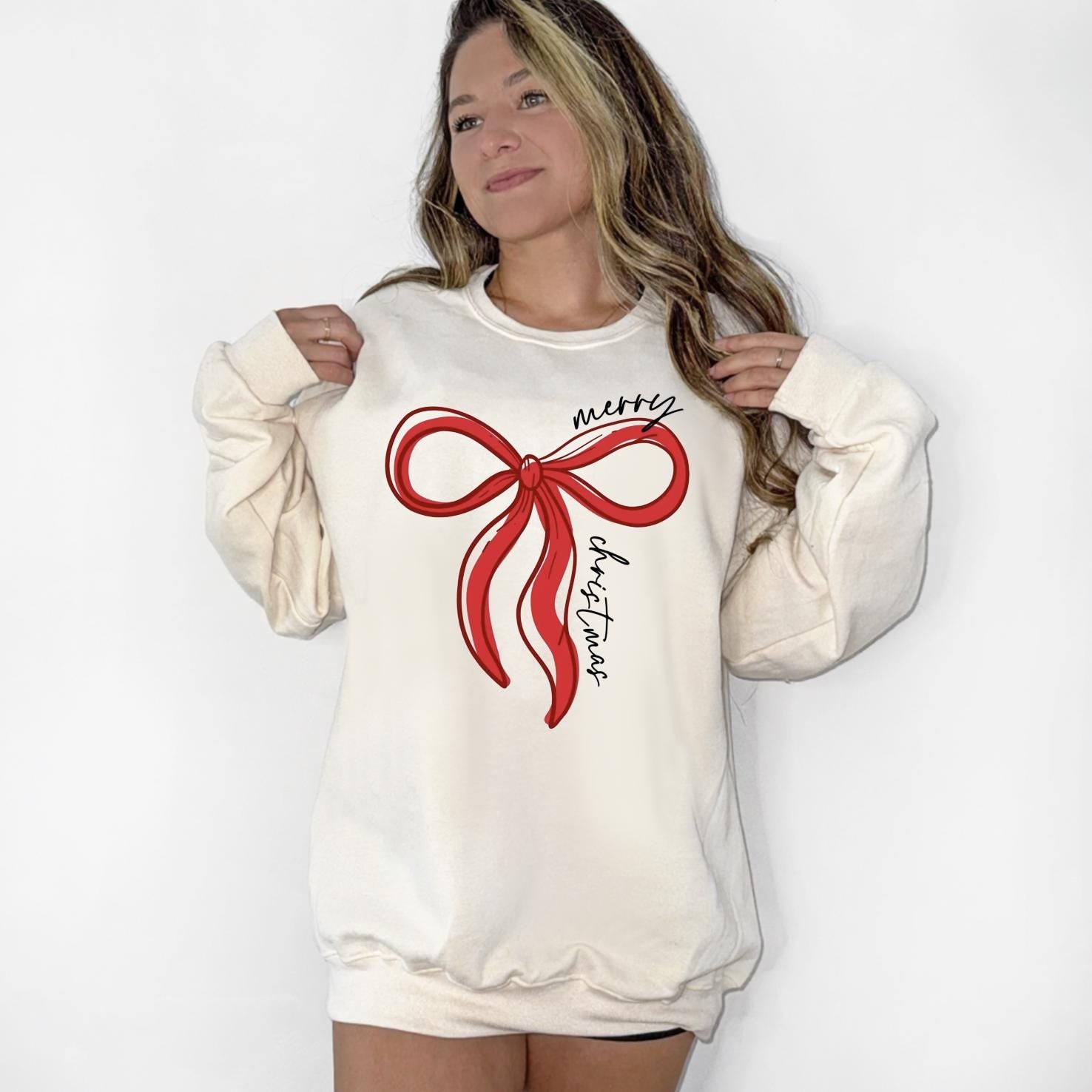Christmas Bow Sweatshirt, Christmas Sweater, Women's Holiday Crewneck