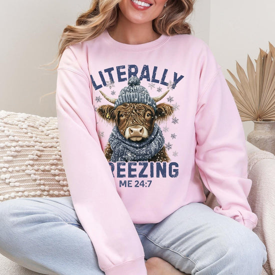 Literally Freezing Christmas DTG Printed Pink Santa Sweatshirt or T-Shirt | Cute Holiday Graphic Tee | Trendy Christmas Shirt