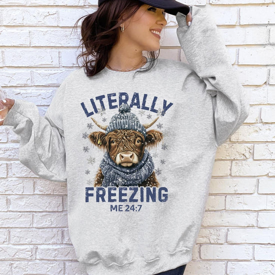 Literally Freezing Christmas DTG Printed Pink Santa Sweatshirt or T-Shirt | Cute Holiday Graphic Tee | Trendy Christmas Shirt