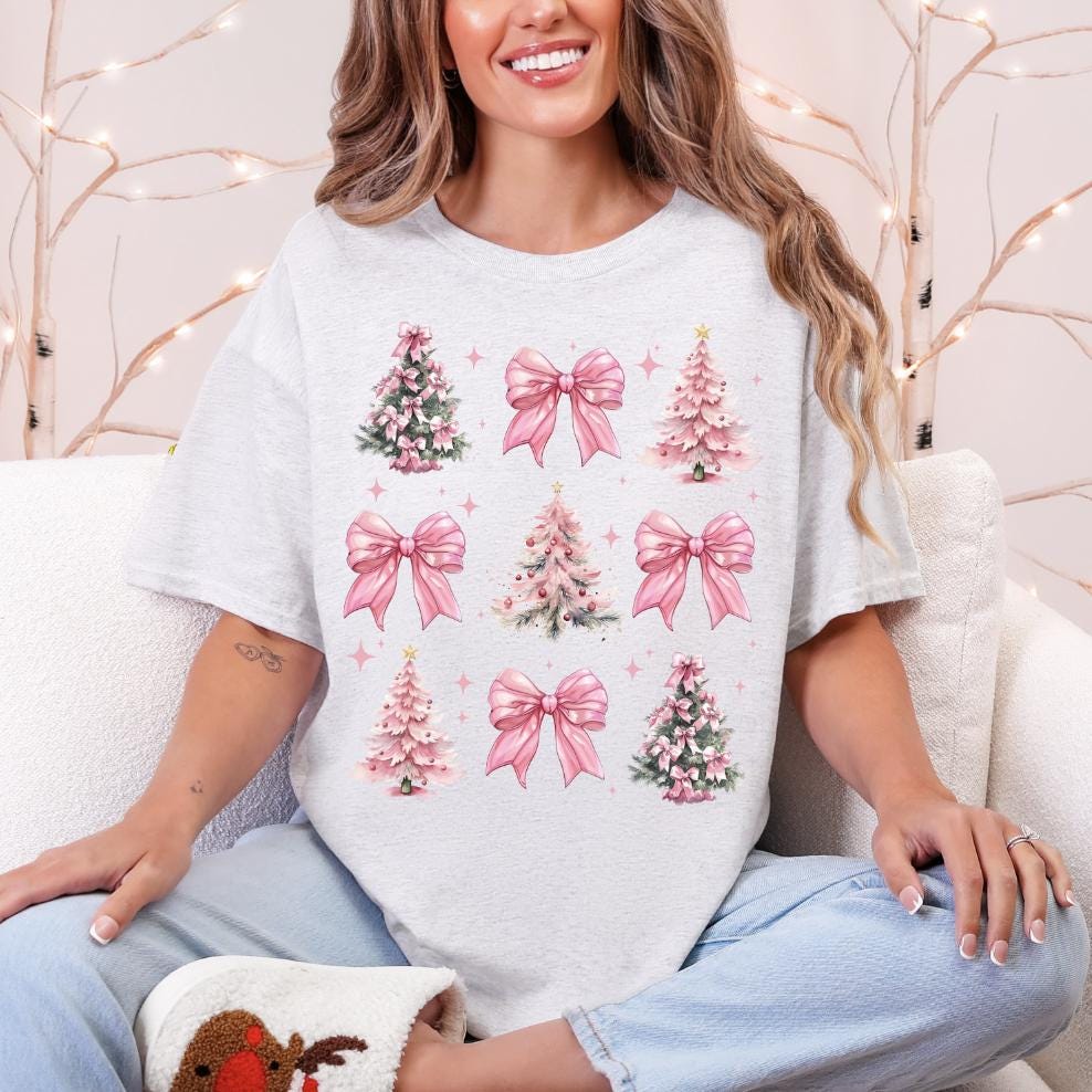Pink Christmas Icons Sweatshirt or T-Shirt | Cute Holiday Graphic Tee | Pink Christmas Shirt