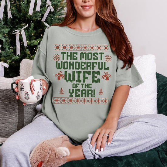 Most Wonderful Wife of the Year Christmas DTG Printed Christmas Sweatshirt or T-Shirt | Cute Holiday Graphic Tee | Pink Christmas Shirt