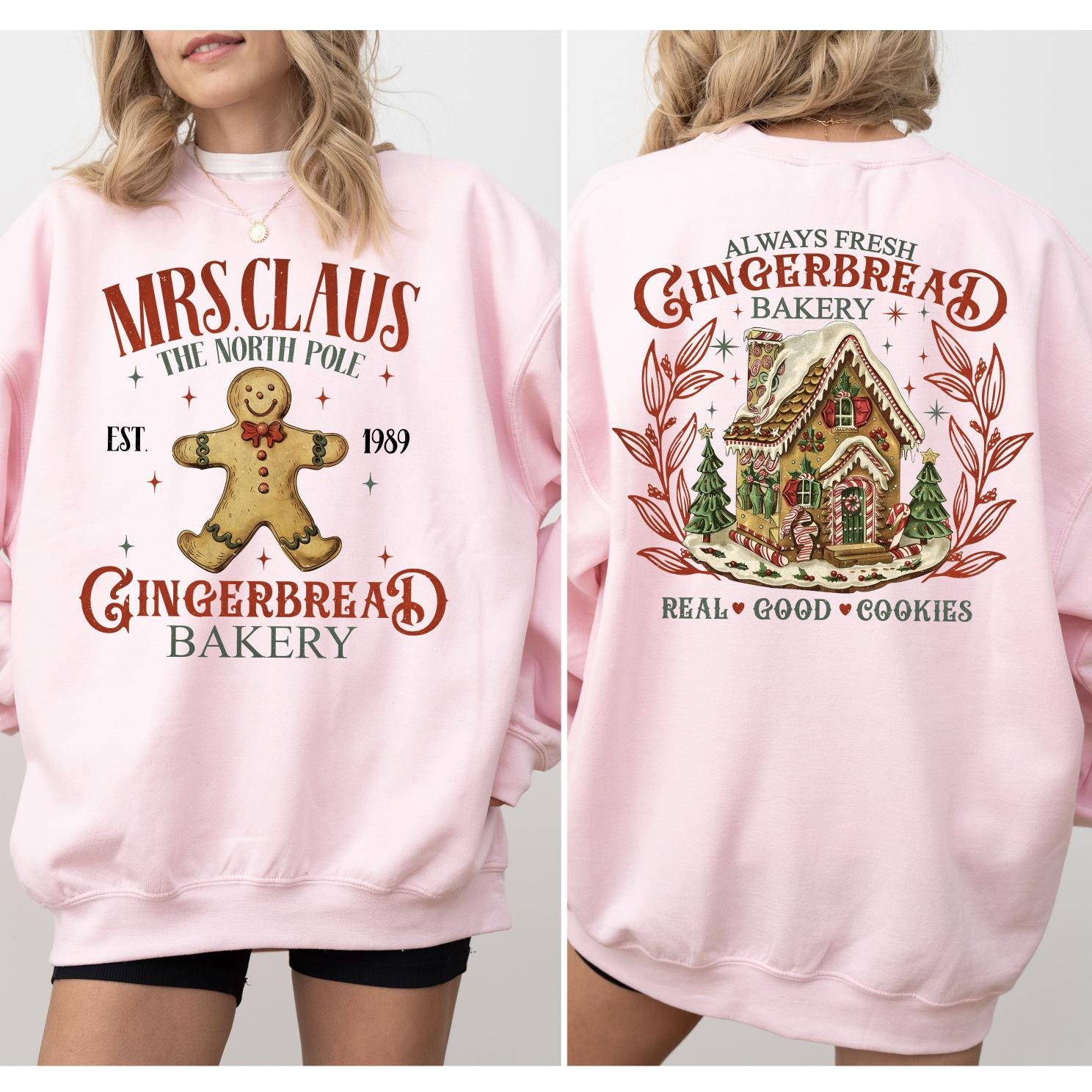 Mrs. Claus Gingerbread House Christmas Sweatshirt, Gingerbread Christmas Tree Farm, Retro Griswold Christmas