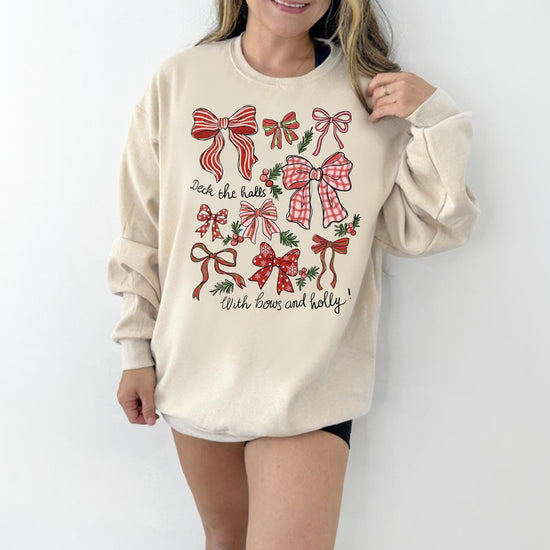 Merry Christmas Bows DTG Printed Pink Sweatshirt or T-Shirt | Cute Holiday Graphic Tee | Pink Christmas Shirt