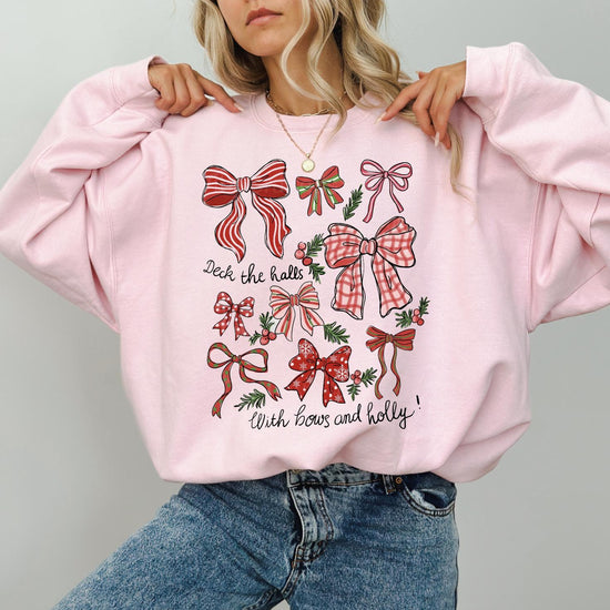 Merry Christmas Bows DTG Printed Pink Sweatshirt or T-Shirt | Cute Holiday Graphic Tee | Pink Christmas Shirt