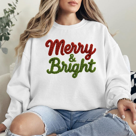 Merry & Bright Faux Yarn Sweatshirt, Retro Holiday Santa Sweatshirt, Merry Christmas Sweater, Christmas Santa Bow