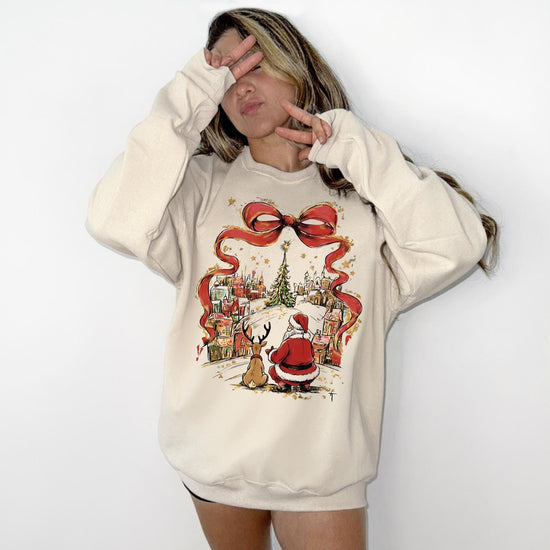 Christmas Scene DTG Printed Pink Sweatshirt or T-Shirt | Cute Holiday Graphic Tee | Pink Christmas Shirt