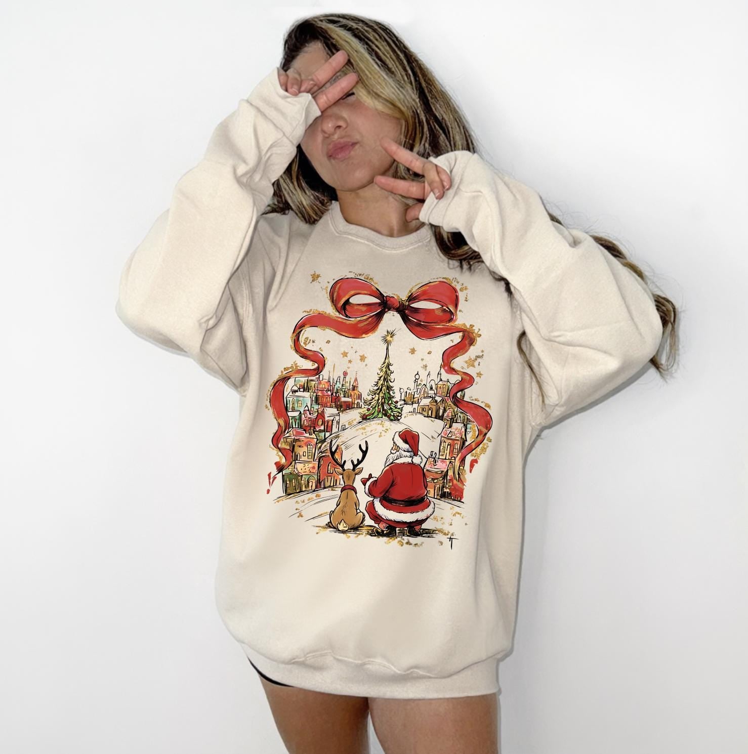 Christmas Scene DTG Printed Pink Sweatshirt or T-Shirt | Cute Holiday Graphic Tee | Pink Christmas Shirt