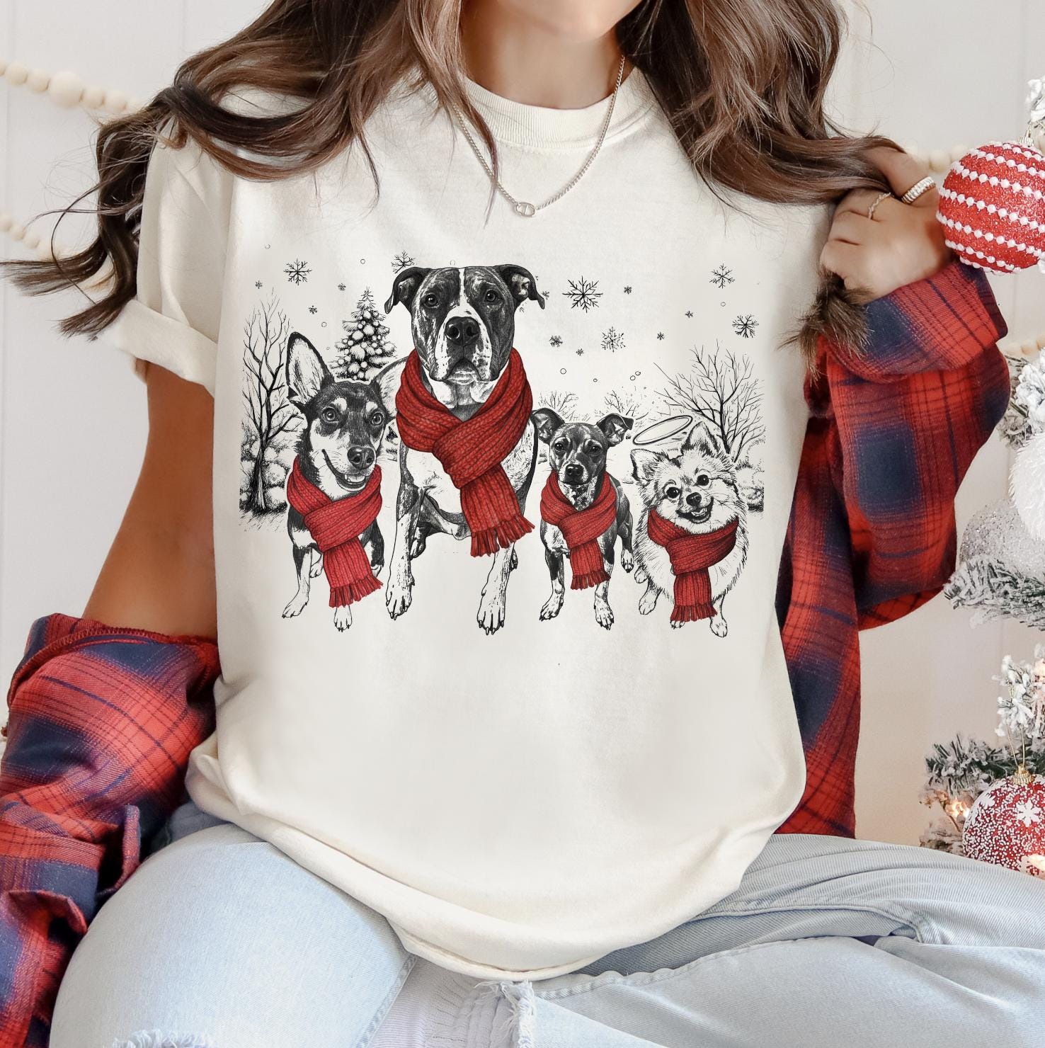 Custom Multi Pet Christmas T-Shirt with Photo & Name DTG Printed | Personalized Pet Portrait Shirt | Custom Dog Cat Sweatshirt