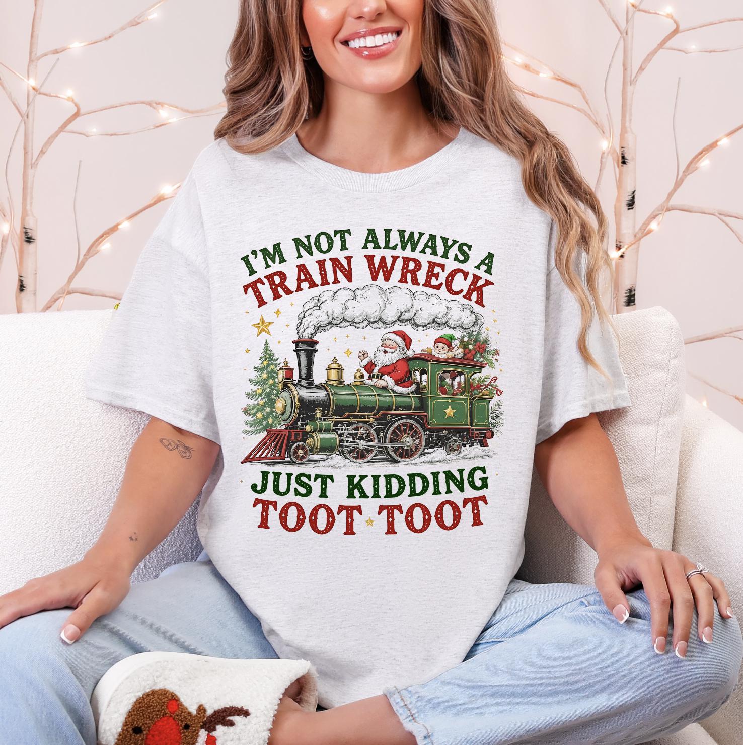 Christmas Train Wreck DTG Printed Pink Santa Sweatshirt or T-Shirt | Cute Holiday Graphic Tee | Pink Christmas Shirt
