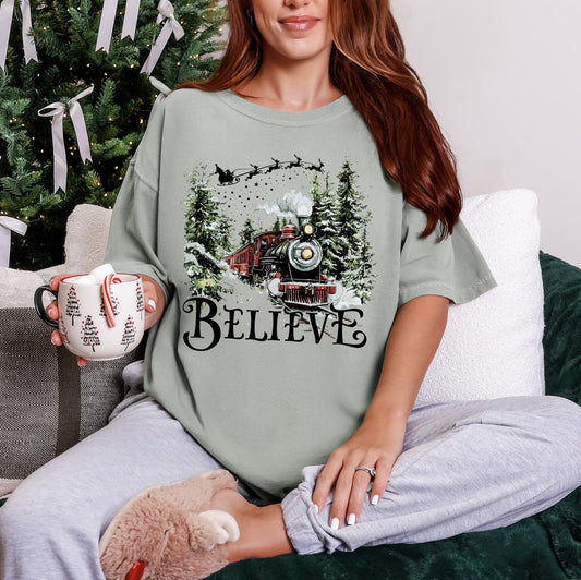Christmas Train Wreck DTG Printed Pink Santa Sweatshirt or T-Shirt | Cute Holiday Graphic Tee | Pink Christmas Shirt