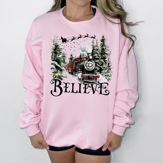 Christmas Train Wreck DTG Printed Pink Santa Sweatshirt or T-Shirt | Cute Holiday Graphic Tee | Pink Christmas Shirt