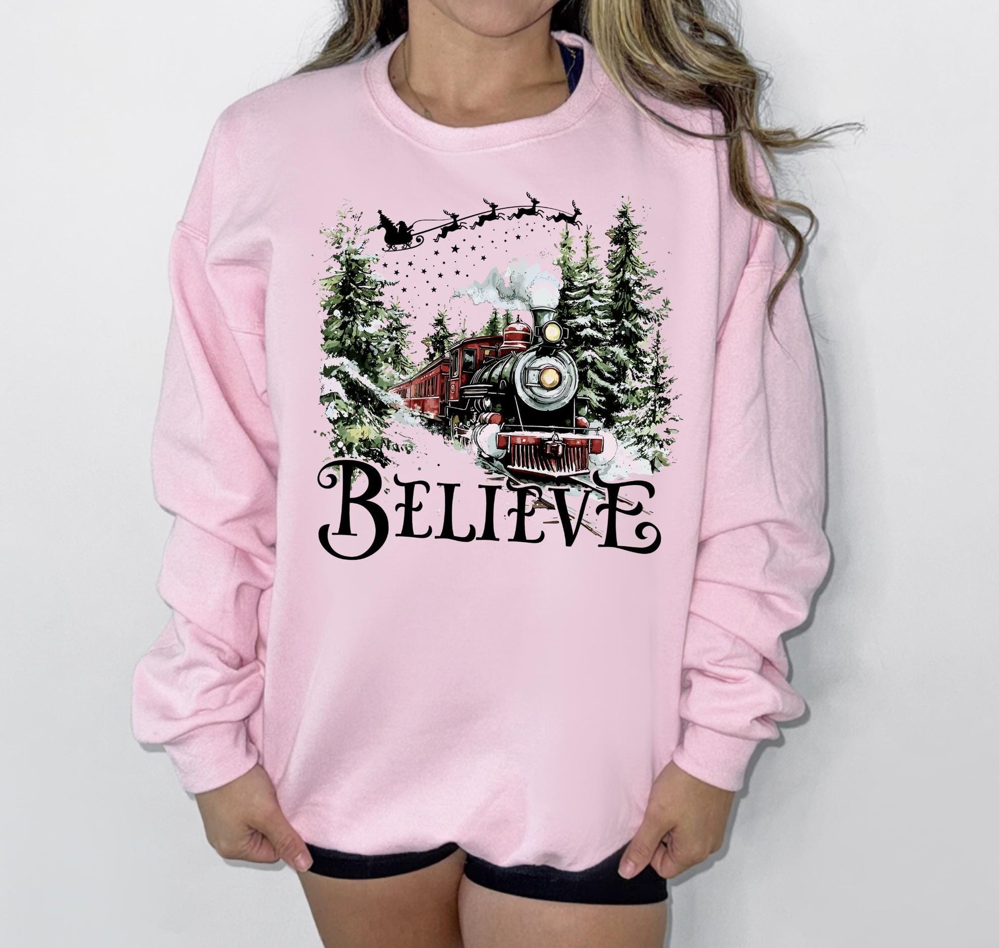Christmas Train Wreck DTG Printed Pink Santa Sweatshirt or T-Shirt | Cute Holiday Graphic Tee | Pink Christmas Shirt
