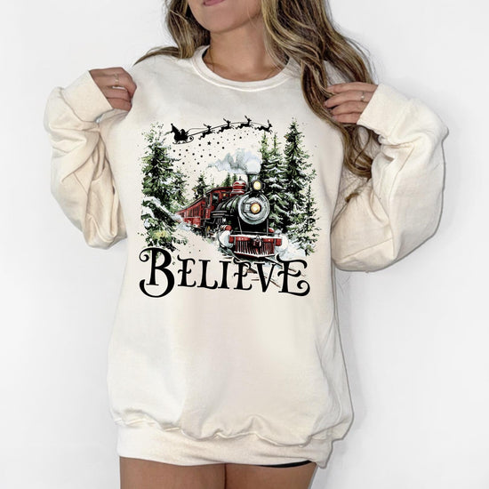Christmas Train Wreck DTG Printed Pink Santa Sweatshirt or T-Shirt | Cute Holiday Graphic Tee | Pink Christmas Shirt