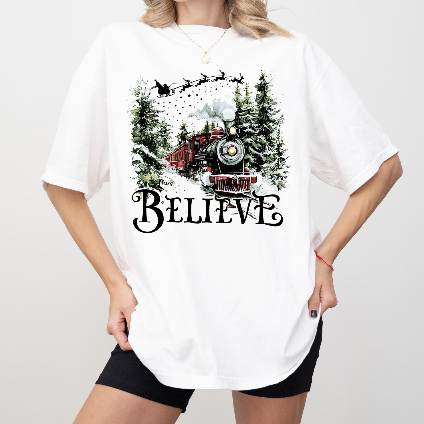 Christmas Train Wreck DTG Printed Pink Santa Sweatshirt or T-Shirt | Cute Holiday Graphic Tee | Pink Christmas Shirt