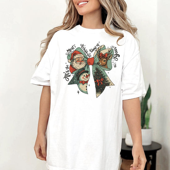 Christmas Bow DTG Printed Christmas Sweatshirt or T-Shirt | Cute Holiday Graphic Tee | Pink Christmas Shirt