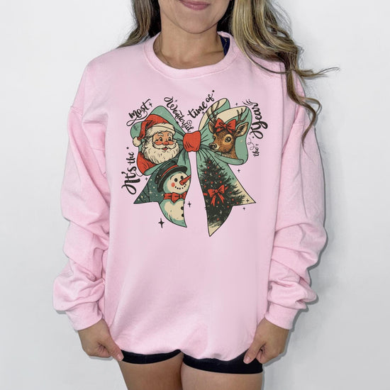 Christmas Bow DTG Printed Christmas Sweatshirt or T-Shirt | Cute Holiday Graphic Tee | Pink Christmas Shirt