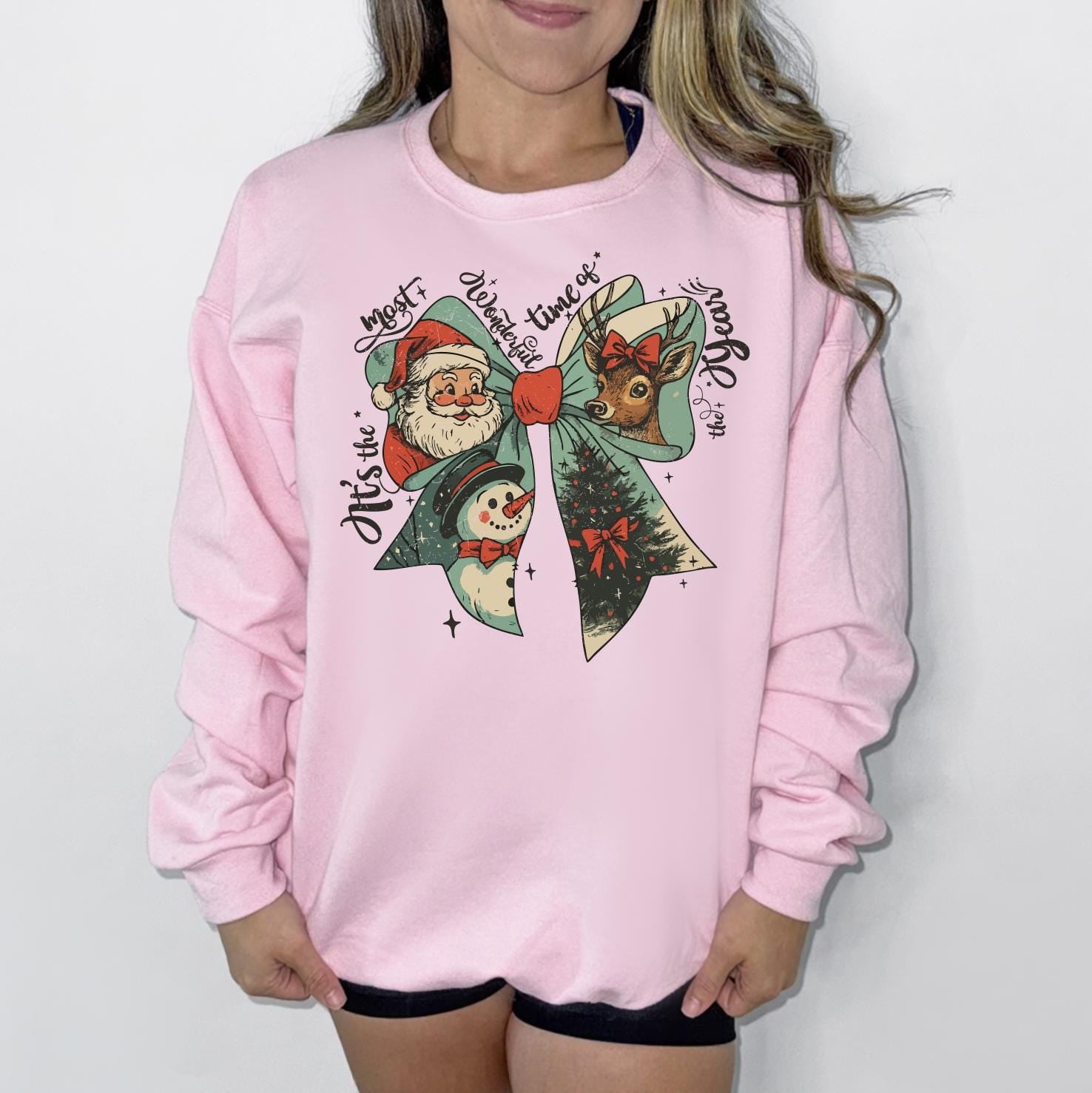 Christmas Bow DTG Printed Christmas Sweatshirt or T-Shirt | Cute Holiday Graphic Tee | Pink Christmas Shirt