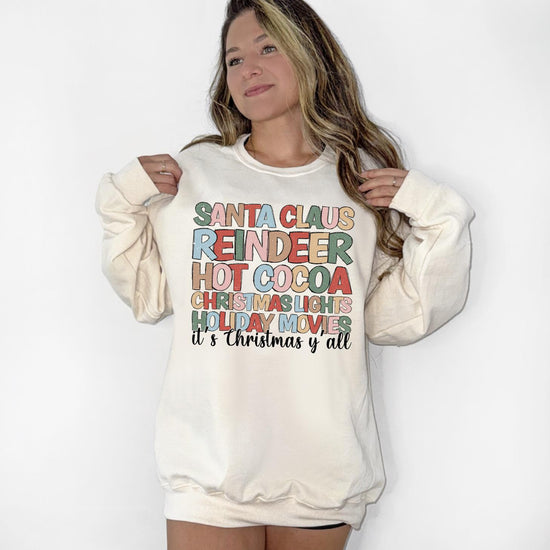 Christmas Favorites DTG Printed Christmas Sweatshirt or T-Shirt | Cute Holiday Graphic Tee | Pink Christmas Shirt