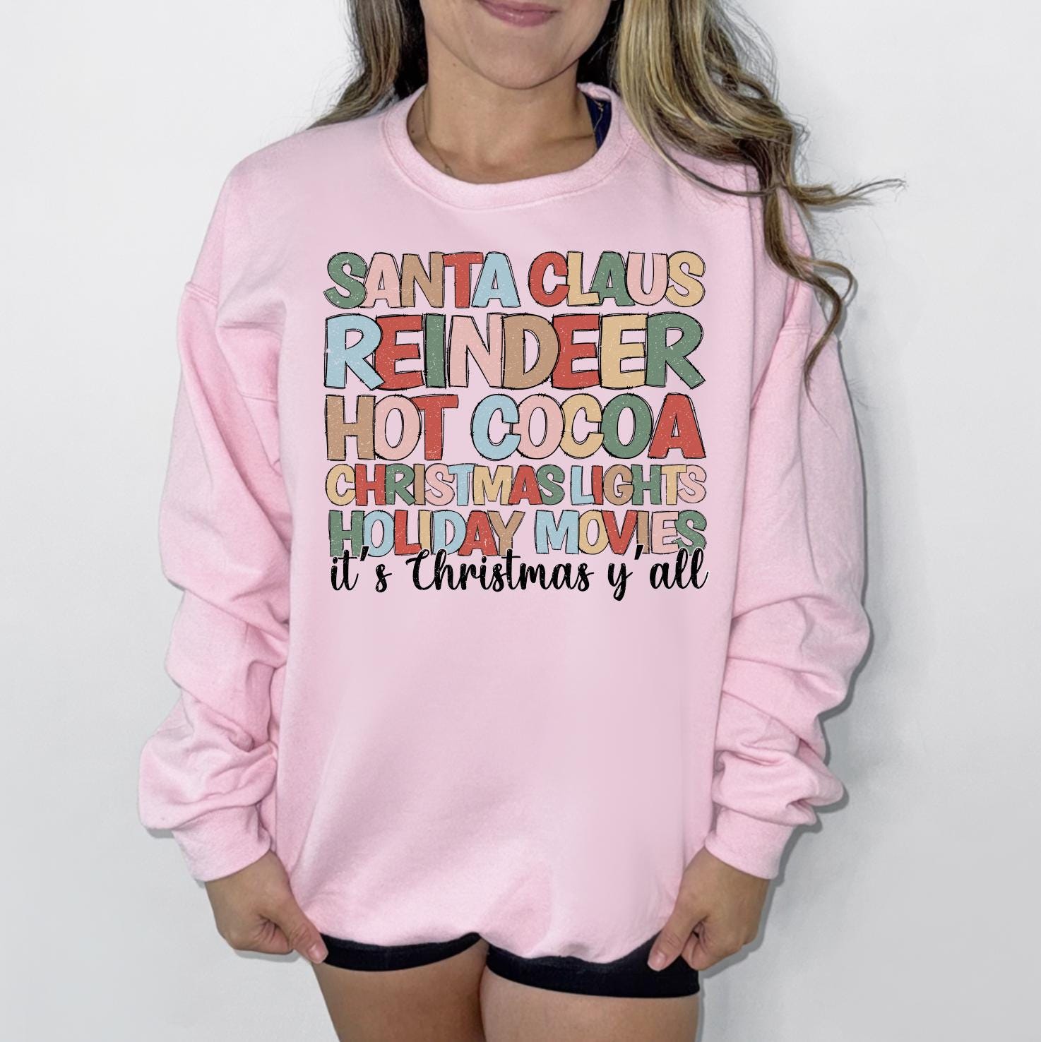 Christmas Favorites DTG Printed Christmas Sweatshirt or T-Shirt | Cute Holiday Graphic Tee | Pink Christmas Shirt