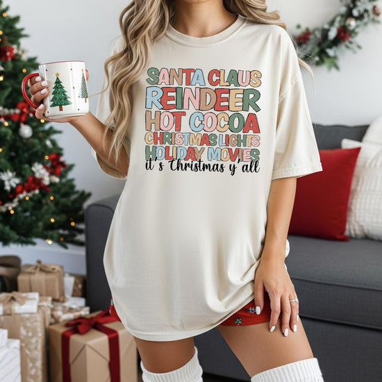 Christmas Favorites DTG Printed Christmas Sweatshirt or T-Shirt | Cute Holiday Graphic Tee | Pink Christmas Shirt