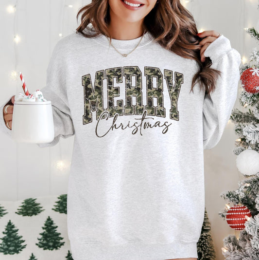 Merry Christmas Camo DTG Printed Christmas Sweatshirt or T-Shirt | Cute Holiday Graphic Tee | Camo Christmas Shirt