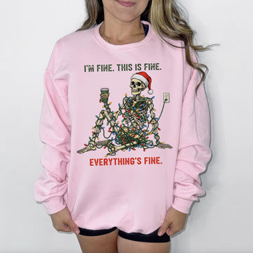 Everything is Fine Christmas DTG Printed Christmas Sweatshirt or T-Shirt | Cute Holiday Graphic Tee | Pink Christmas Shirt