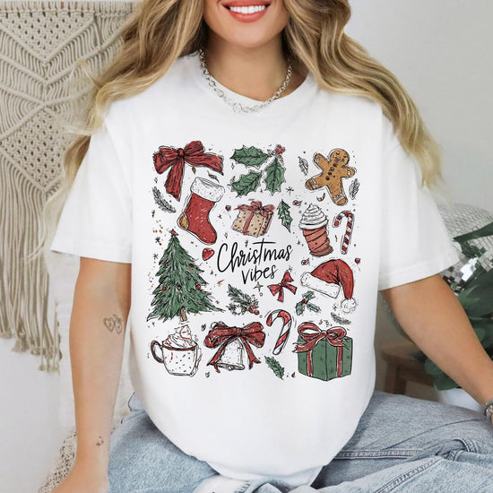 Hand drawn Christmas Icons DTG Printed Christmas Sweatshirt or T-Shirt | Cute Holiday Graphic Tee | Trendy Christmas Shirt