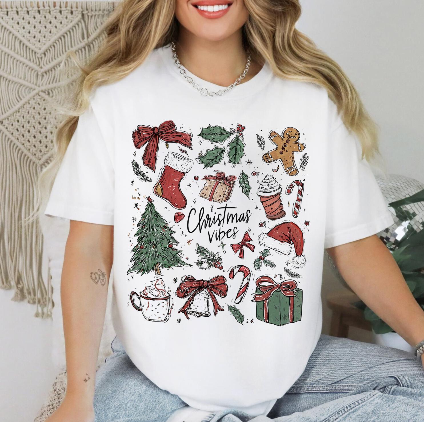 Hand drawn Christmas Icons DTG Printed Christmas Sweatshirt or T-Shirt | Cute Holiday Graphic Tee | Trendy Christmas Shirt