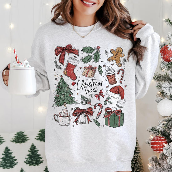 Hand drawn Christmas Icons DTG Printed Christmas Sweatshirt or T-Shirt | Cute Holiday Graphic Tee | Trendy Christmas Shirt