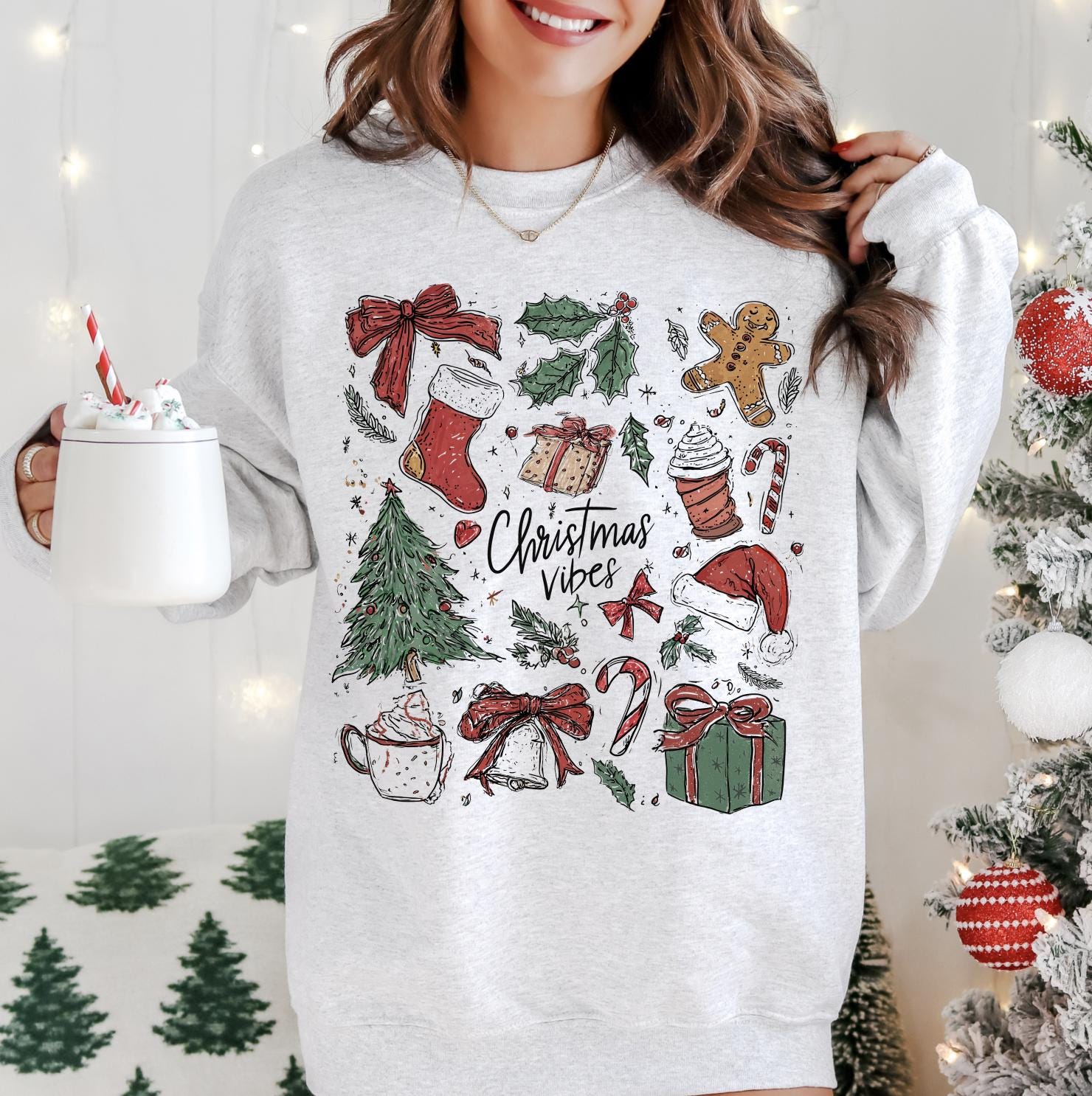 Hand drawn Christmas Icons DTG Printed Christmas Sweatshirt or T-Shirt | Cute Holiday Graphic Tee | Trendy Christmas Shirt