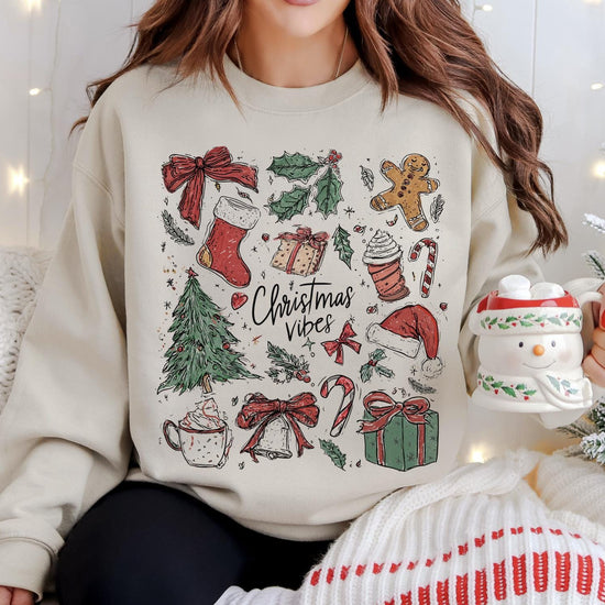 Hand drawn Christmas Icons DTG Printed Christmas Sweatshirt or T-Shirt | Cute Holiday Graphic Tee | Trendy Christmas Shirt
