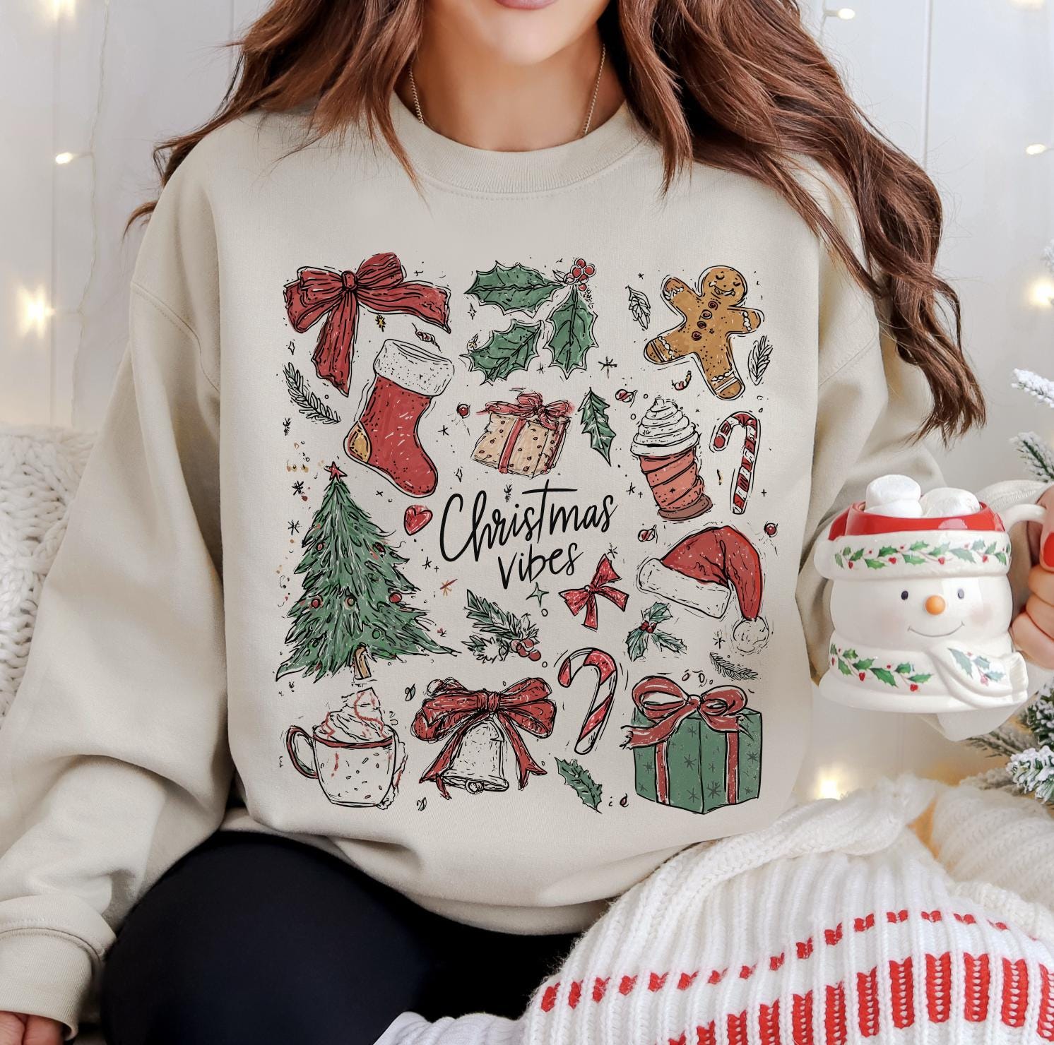 Hand drawn Christmas Icons DTG Printed Christmas Sweatshirt or T-Shirt | Cute Holiday Graphic Tee | Trendy Christmas Shirt