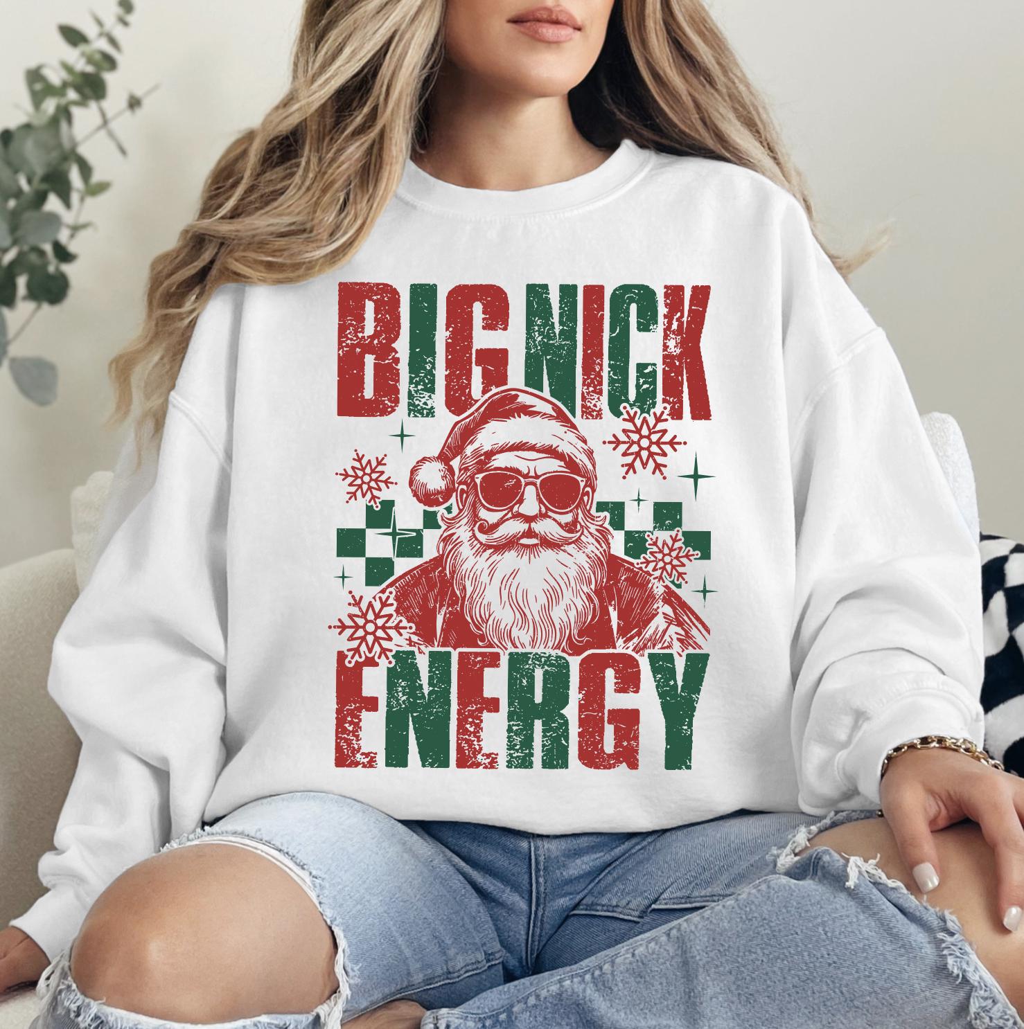 Big Nick Energy Christmas Sweatshirt and Hoodie, Retro Holiday Santa Sweatshirt, Merry Christmas Sweater, Christmas Santa Bow