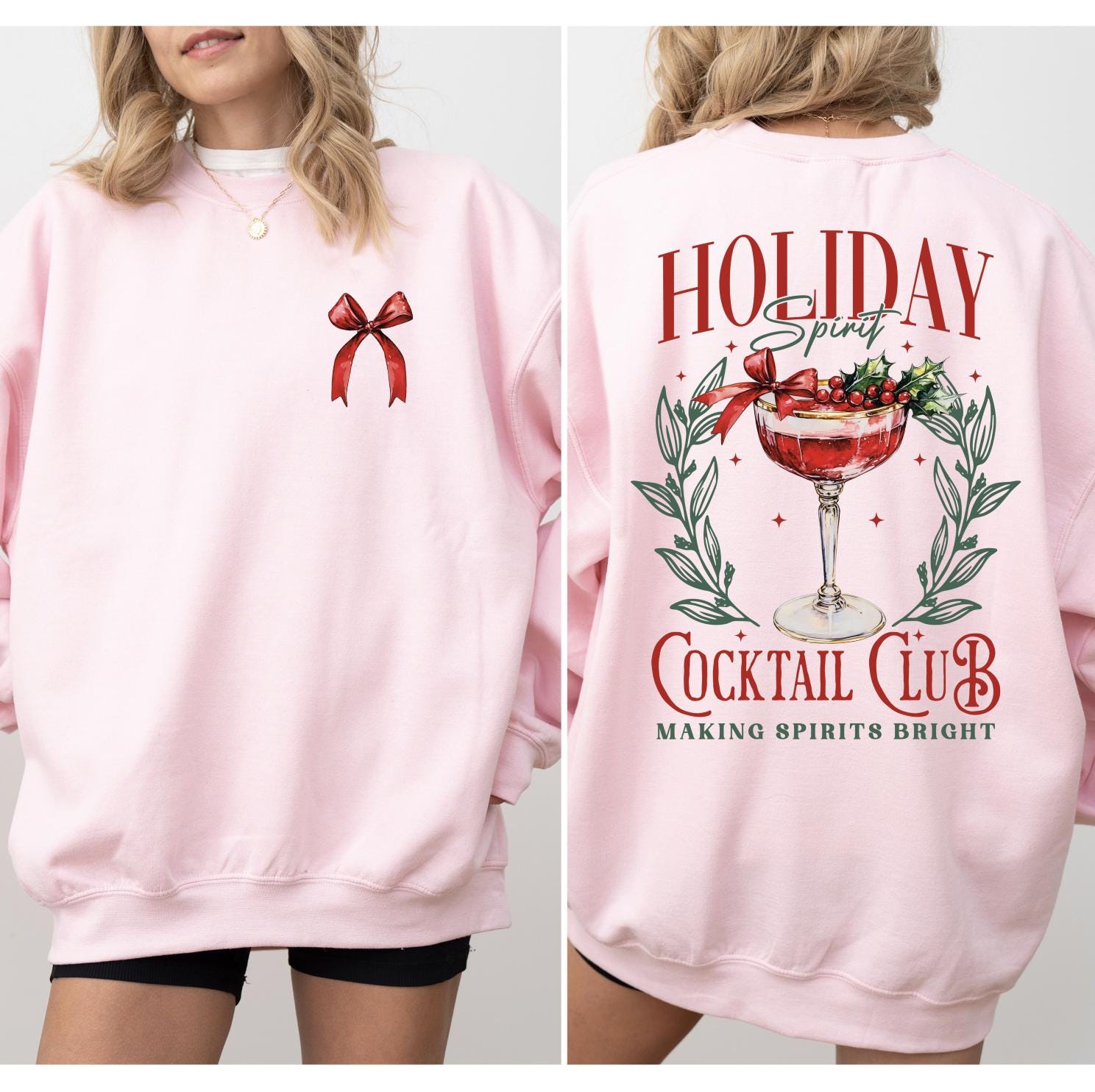Holiday Spiritz Christmas Sweatshirt, Retro Holiday Santa Sweatshirt, Merry Christmas Sweater, Christmas Santa Bow
