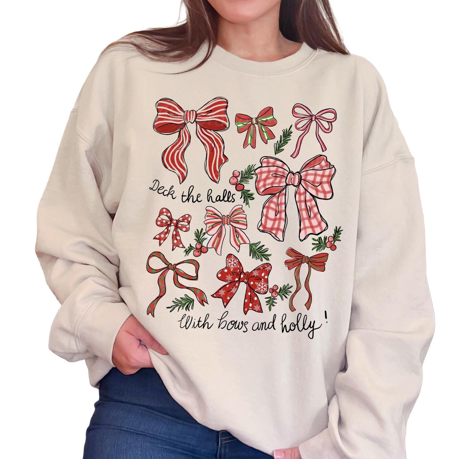 Merry Christmas Bows DTG Printed Pink Sweatshirt or T-Shirt | Cute Holiday Graphic Tee | Pink Christmas Shirt