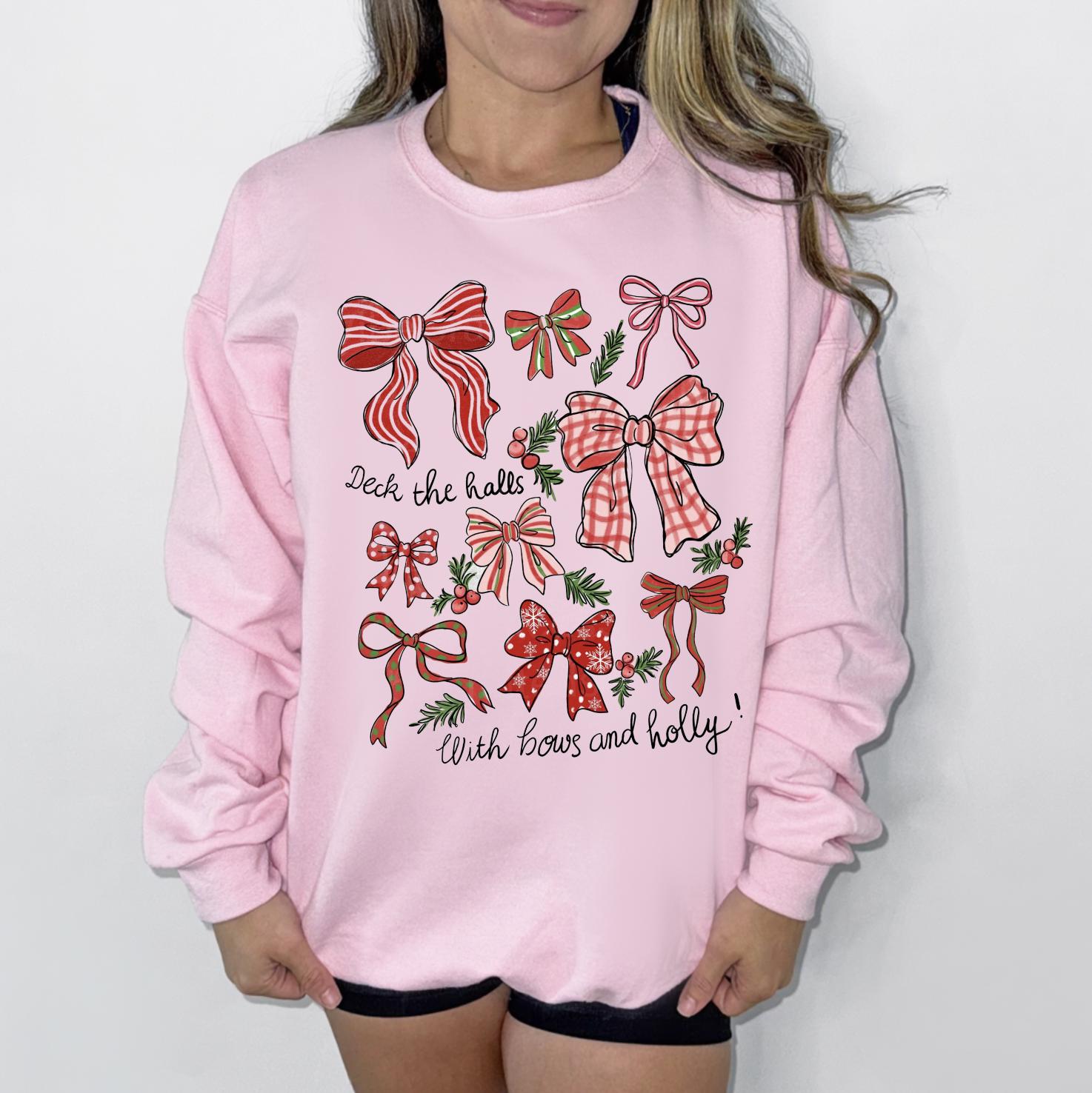 Merry Christmas Bows DTG Printed Pink Sweatshirt or T-Shirt | Cute Holiday Graphic Tee | Pink Christmas Shirt