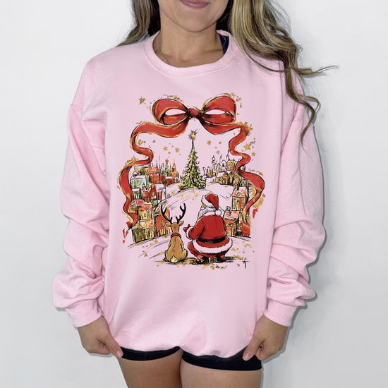 Christmas Scene DTG Printed Pink Sweatshirt or T-Shirt | Cute Holiday Graphic Tee | Pink Christmas Shirt