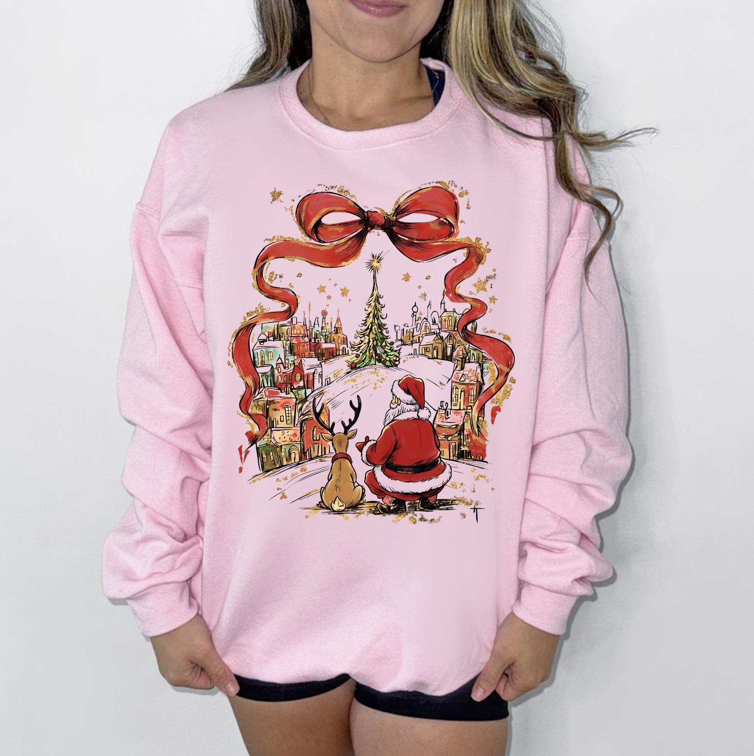 Christmas Scene DTG Printed Pink Sweatshirt or T-Shirt | Cute Holiday Graphic Tee | Pink Christmas Shirt