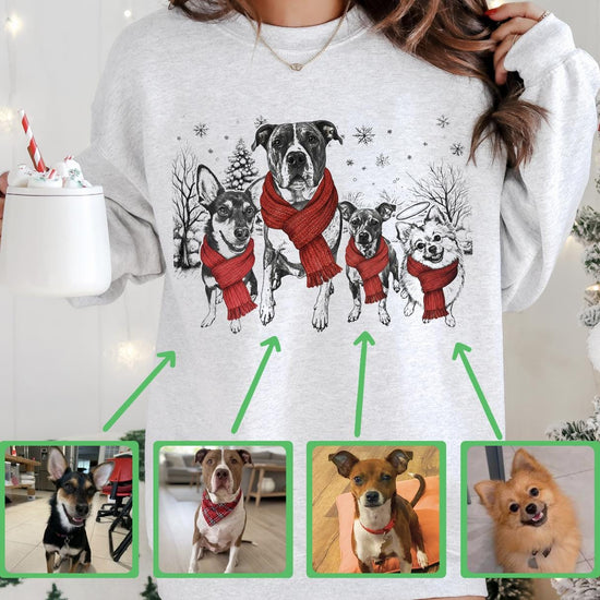 Custom Multi Pet Christmas T-Shirt with Photo & Name DTG Printed | Personalized Pet Portrait Shirt | Custom Dog Cat Sweatshirt