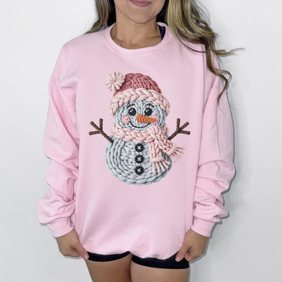 Yarn Snowman DTG Printed Pink Santa Sweatshirt or T-Shirt | Cute Holiday Graphic Tee | Pink Christmas Shirt