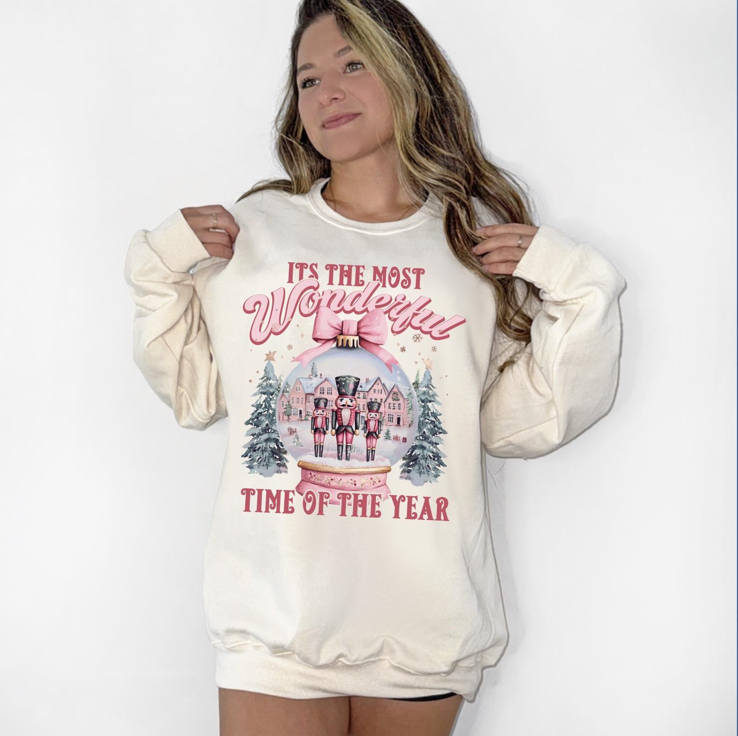 Most Wonderful Time of the Year DTG Printed Pink Santa Sweatshirt or T-Shirt | Cute Holiday Graphic Tee | Pink Christmas