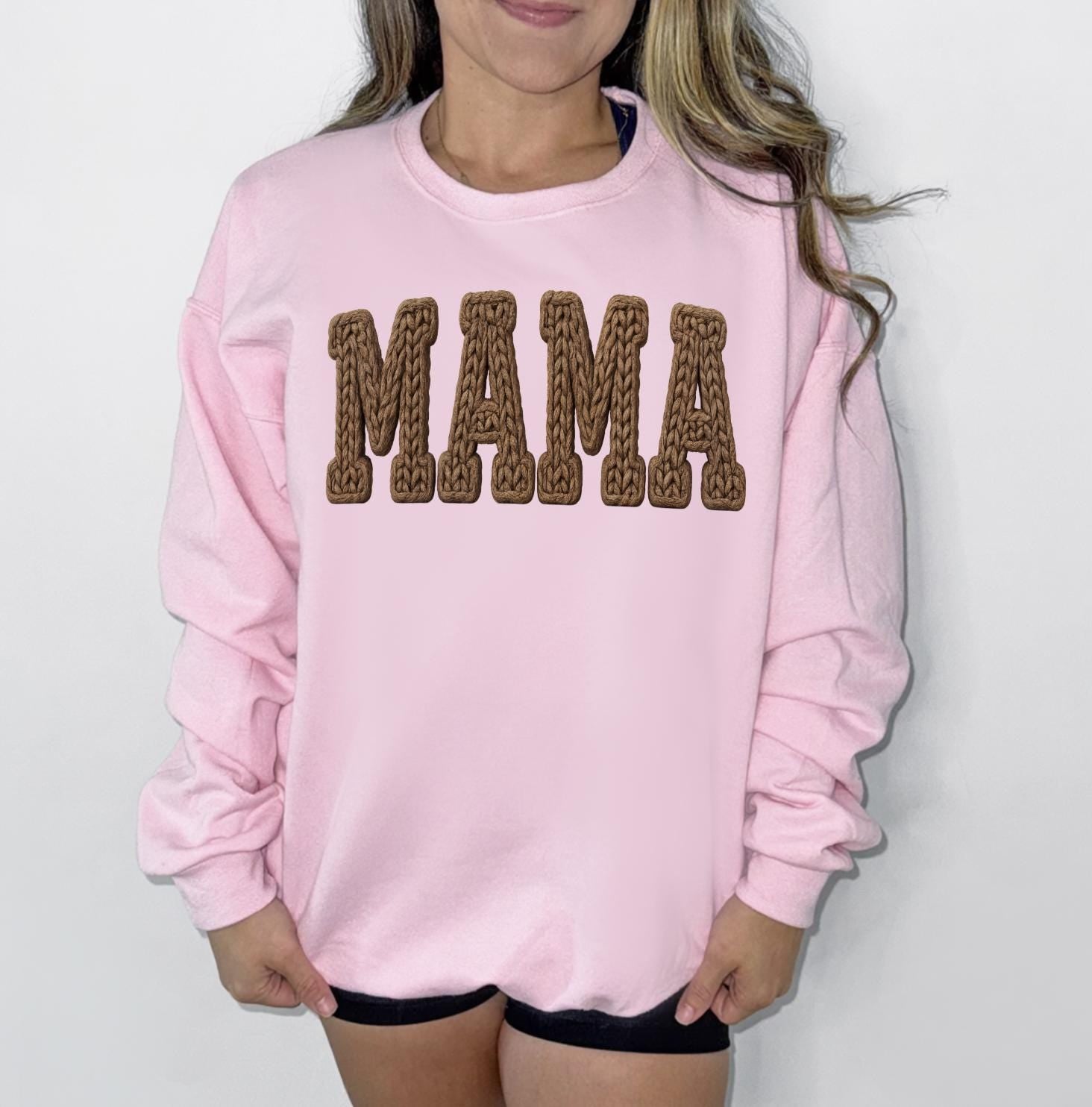 Mama or Custom Faux Yarn Sweatshirt or T-Shirt | Cozy Mom Graphic Tee | DTG Printed Mama Shirt | Cute Mama Sweater | Trendy Mom Clothing