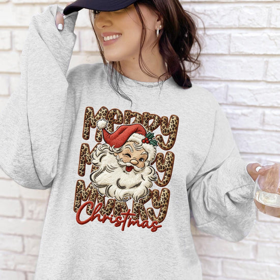 Leopard Merry Christmas Faux Yarn Sweatshirt or T-Shirt | Trendy Christmas Shirt | DTG Printed Holiday Sweater | Cute Leopard Christmas Tee