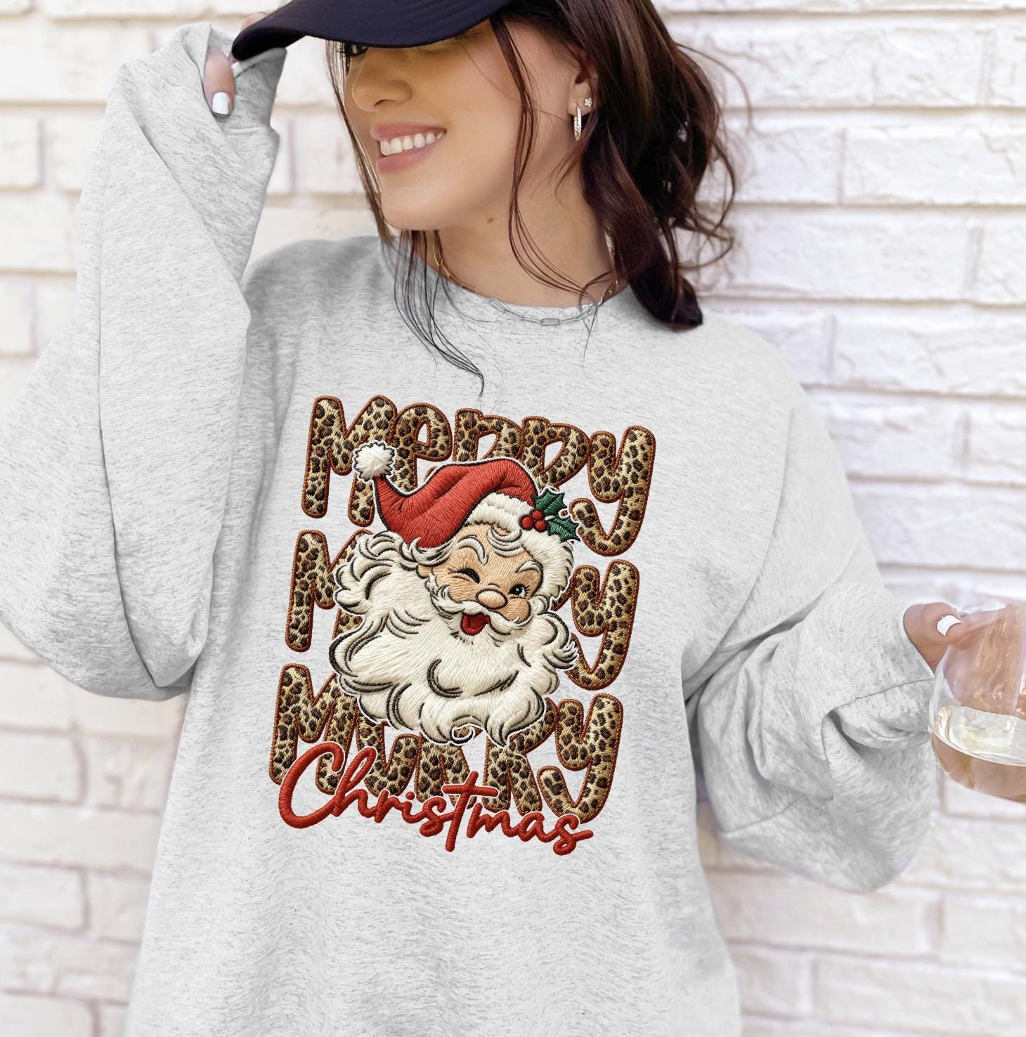Leopard Merry Christmas Faux Yarn Sweatshirt or T-Shirt | Trendy Christmas Shirt | DTG Printed Holiday Sweater | Cute Leopard Christmas Tee