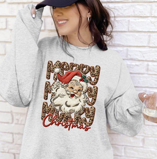 Leopard Merry Christmas Faux Yarn Sweatshirt or T-Shirt | Trendy Christmas Shirt | DTG Printed Holiday Sweater | Cute Leopard Christmas Tee