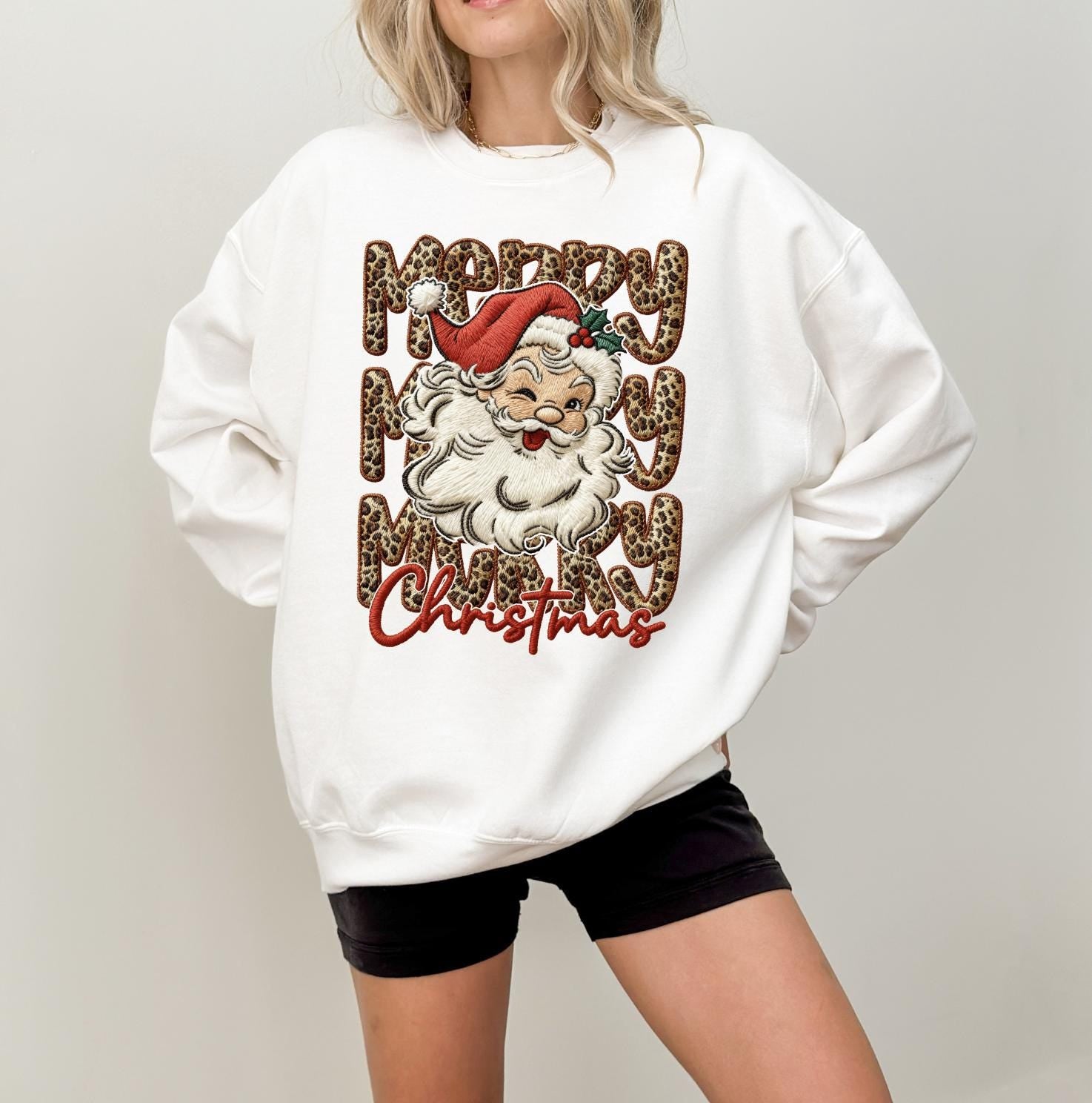 Leopard Merry Christmas Faux Yarn Sweatshirt or T-Shirt | Trendy Christmas Shirt | DTG Printed Holiday Sweater | Cute Leopard Christmas Tee